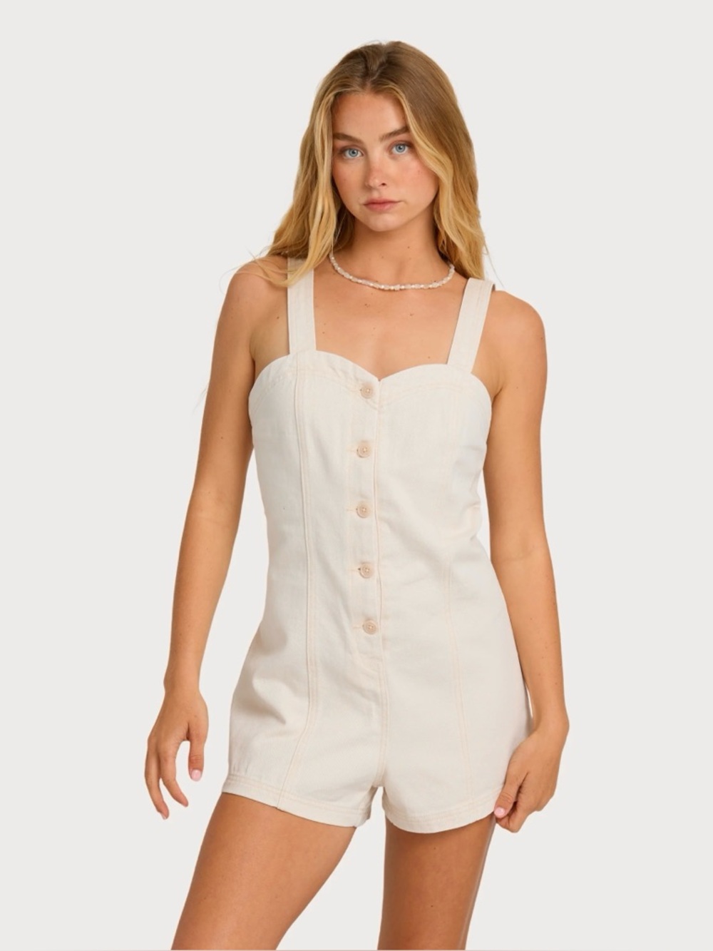 NWT Billabong Cream Sea Salt Misshape Women’s Overall Denim Romper Sz M